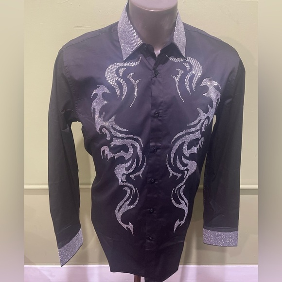 Other - Deniko Men's Black and Silver Dress Shirt Button front rhinestone modern fit